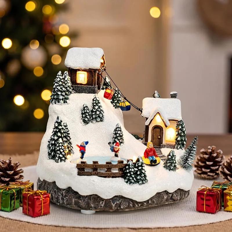 MXwcy Montaña musical de pueblo de Navidad con teleférico y patinadores de hielo, pueblo de nieve iluminado con 8 canciones navideñas y temporizador de 6 horas, funciona con USB, pilas, figura de mesa de — Decoracion Navidad