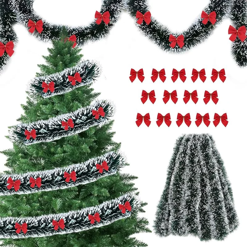 FePen Guirnalda Navidad Verde Oscuro, Guirnalda de oropel de Navidad de 10m, Guirnalda Artificial, Guirnalda Brillante Metálica, 30 Lazos para decoración de Navidad, Suministros de Fiesta (Rojo) — Decoracion Navidad
