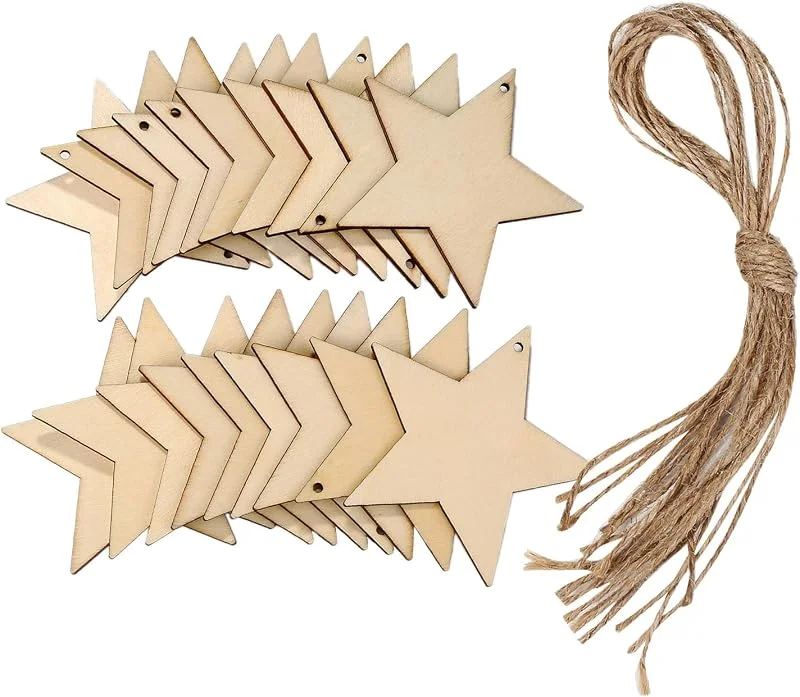 Tatuo Estrella de Madera Natural, 60 Piezas de Estrella y 60 Cordeles — Decoracion Navidad