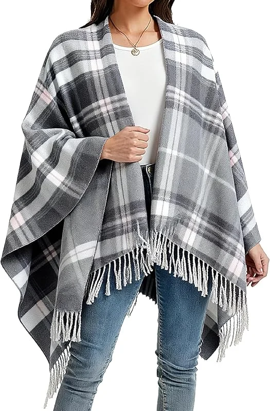 Visita la tienda de Rayson Poncho Mujer Invierno otoño Punto de Gran Tamaño Bufanda Manta Frente Abierto con Borla Diseño Envolvente Estampado a Cuadros Elegante Suéter Cardigan Suave Manta para Señoras — Ropa Navidad