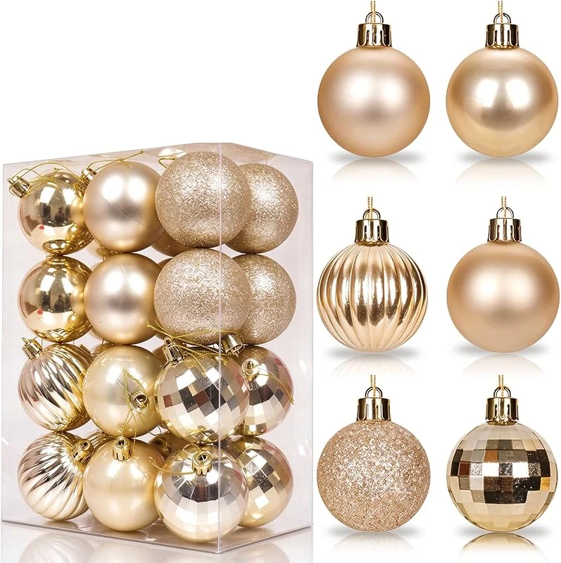 yayafunfun 24 Bolas de Navidad ChampagneOro de Plástico – 6cm – 6 Diseños Bolas Arbol de Navidad Personalizadas – Decoración para Navidad 2026 — Decoracion Navidad