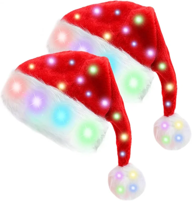 BORDEAG Gorro Navideño, 2 Piezas Gorro De Papá Noel Con Luz LED, Sombrero Navideño Rojo, Sombrero De Santa, Sombrero De Navidad De Felpa, Unisex Gorro De Navidad, Gorros Navideños Para Fiestas Navideñas — Ropa Navidad