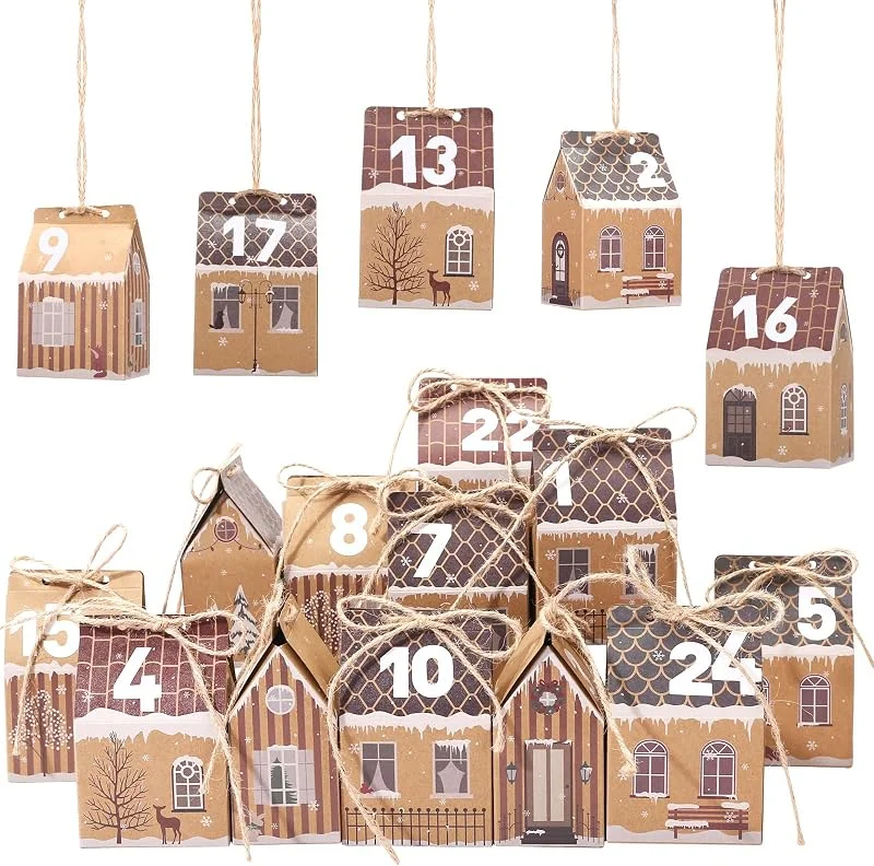 Kesote 24 Cajas Vacías de Navidad Calendario de Adviento 2026 para Rellenar, Cajitas con Forma Casa para Regalo, Caja Pequeña de Papel para Dulces Caramelos Galletas, 8 Diseños — Envoltorio regalo