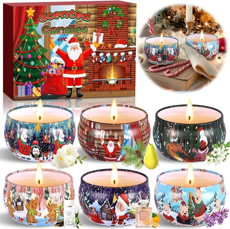 ZPQAODI Juego de Velas Perfumadas de Regalo, 6 Unidades, 2, 5 Onzas, Navideñas, Aromáticas de Cera de Soja Natural, Portátiles, Pequeños Regalos para Mujeres — Cena a la luz de velas