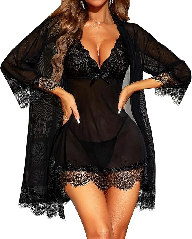 Visita la tienda de RSLOVE RSLOVE - Babydoll sexy para mujer, vestido de noche, lencería con G-String, conjunto de lencería de encaje femenino, 3 piezas — Ropa Navidad
