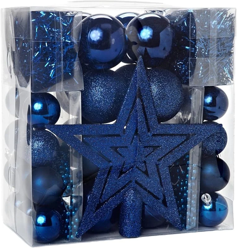 Heitmann Deco Juego de Adornos para árbol de Navidad, Color Azul, 45 Unidades, Incluye Adorno para coronar el árbol, Bolas, Cadenas de Cuentas y guirnaldas, de plástico — Decoracion Navidad