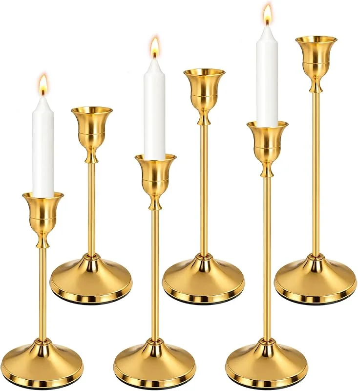 TAIVIN Candelabros Dorados 6 Piezas, Metal Vintage para Velas 2, 2 cm 15, 19, 23 cm — Cena a la luz de velas