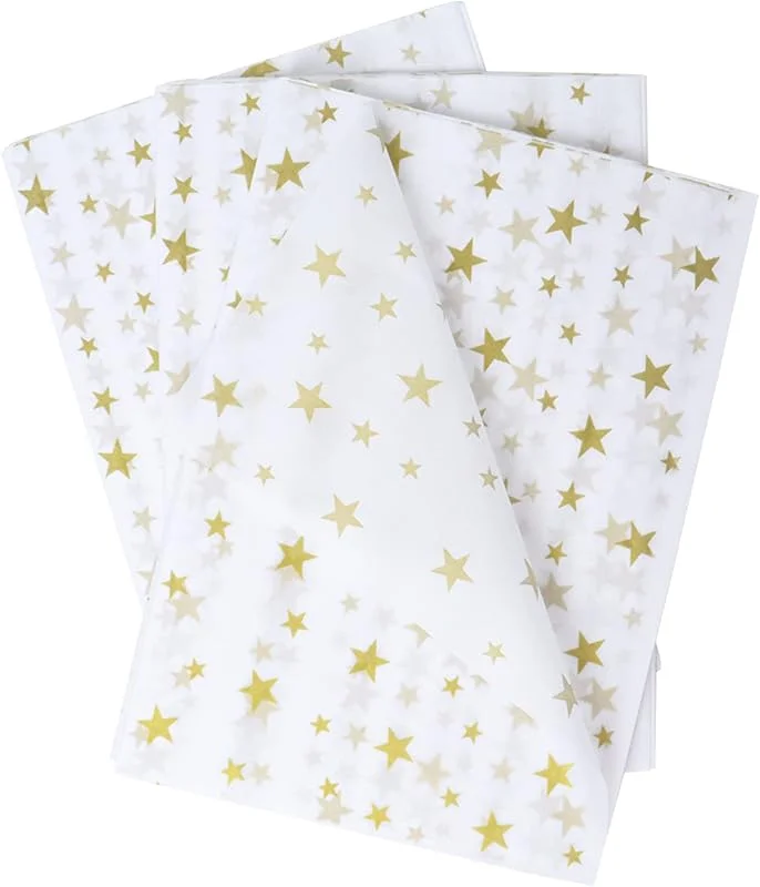 Nideen 30 hojas de papel de seda de 50 x 70 cm, material de embalaje de papel de regalo para manualidades, regalo de cumpleaños, bodas (patrón de estrellas doradas) — Envoltorio regalo