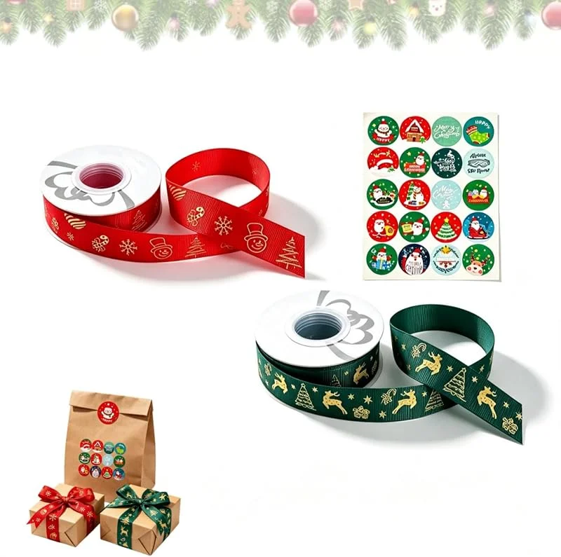 Dyiouxin Cinta de Navidad con etiquetas de Navidad, 2 unidades, 25 yardas, cintas navideñas rojas y verdes, cinta regalo, pegatina de Navidad, redondas, para embalaje de regalo, decoración, bricolaje — Envoltorio regalo