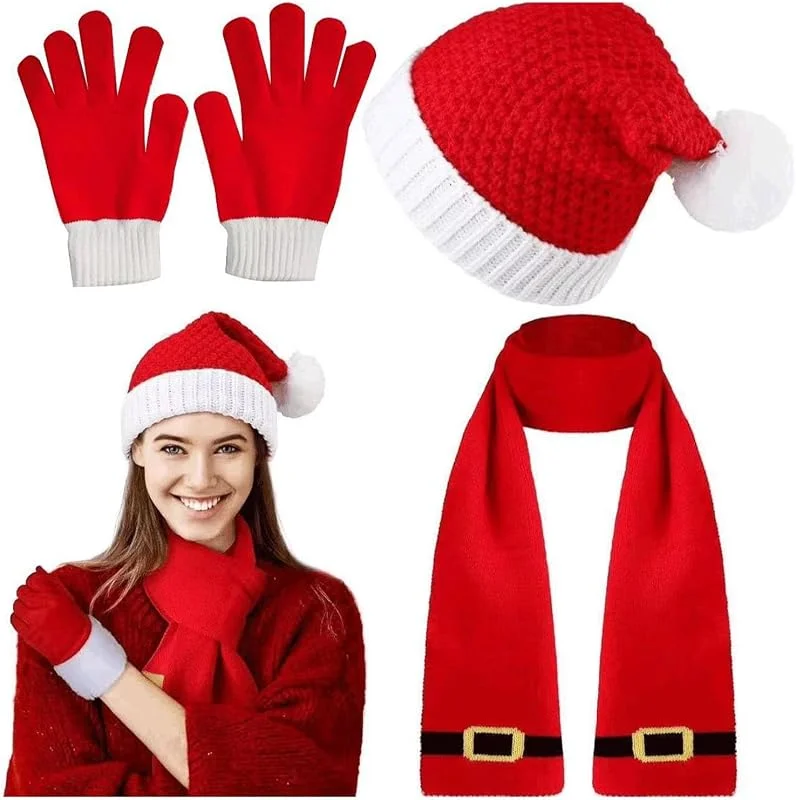 PINTUTU Set Gorro Bufanda Guantes Mujer Hombre Tejido Punto Suave Gorro de Navidad Bufanda Larga Guantes de Punto Tres Piezas Para Adulto Navidad Fiestas Invierno — Ropa Navidad