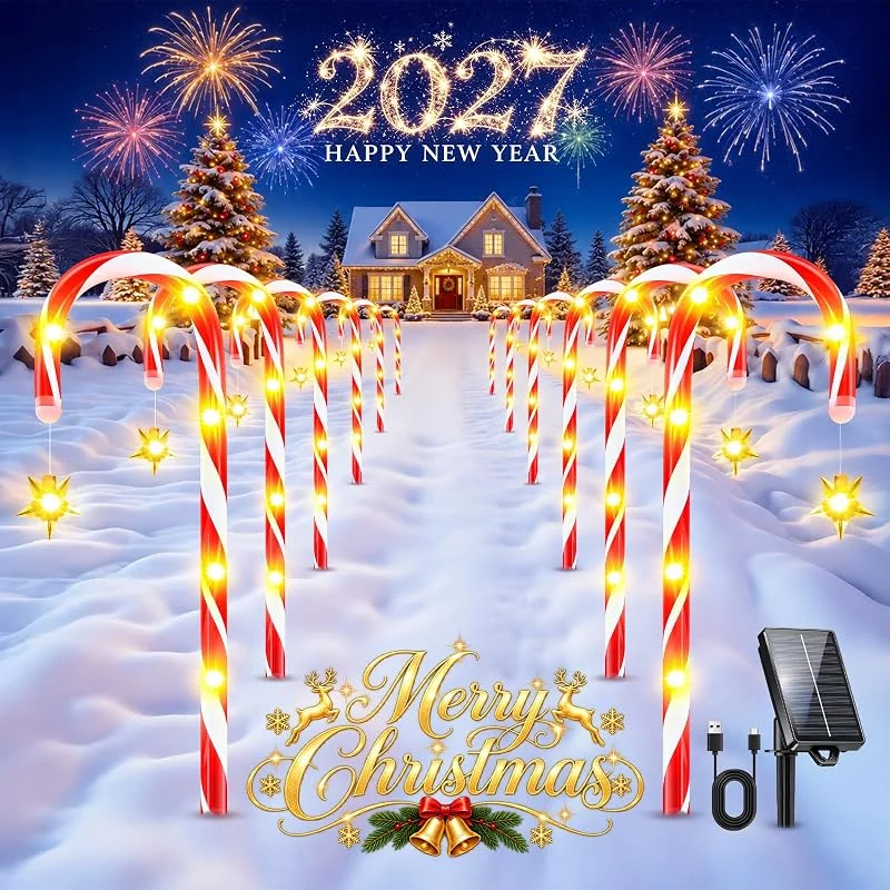 Visita la tienda de GEARLITE Luces solares de Navidad, 2 unidades, USB y energía solar, luces de bastón de caramelo para exteriores con adorno de estrella, IP65 impermeable, 10 modos de iluminación — Luces Navidad