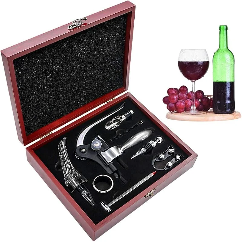 SumDirect Juego de abrebotellas – Sacacorchos de palanca, juego de accesorios con abrebotellas, cortador de cápsulas, aireador, tapón, termómetros, anillos antigoteo, espirales de repuesto y caja de — Vino y mesa festiva