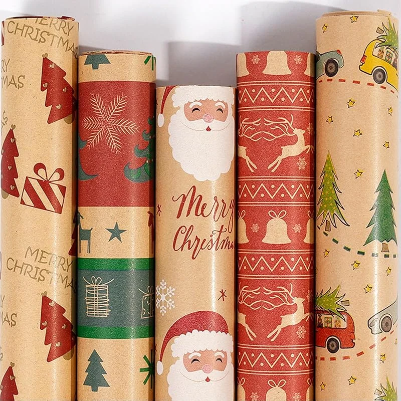 Whcctl 5 Piezas 300 * 43cm Papel Regalo, Wrapping Paper Christmas, Rollo Papel Regalo Navidada, con Motivos Como Papá Noel, Árboles de Navidad y Renos, para Envolver Regalos — Envoltorio regalo