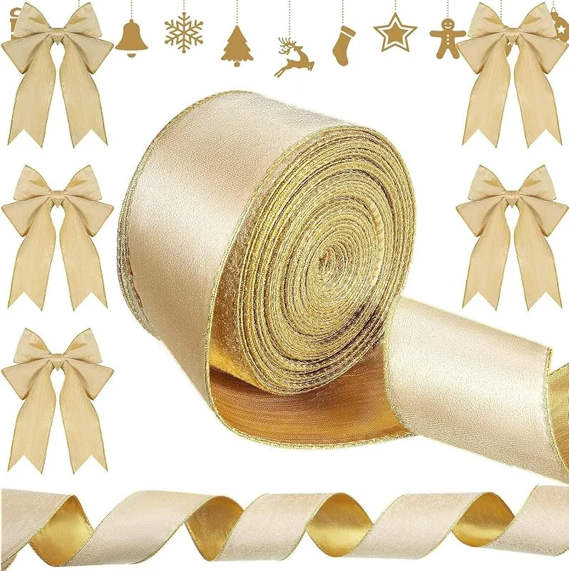 LATERN 28M Cinta de Terciopelo Navideño, 6, 3CM Ancho Cinta de Terciopelo con Cable Cinta de Terciopelo para Envolver con Borde Dorado para Regalo Envase Árbol de Navidad Corona de Bricolaje Arco (Oro) — Envoltorio regalo