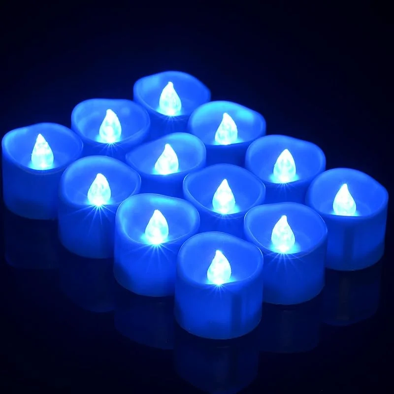 Visita la tienda de PChero PChero Velas de té LED con temporizador, 12 piezas Batería incluida Velas Sin llama Parpadeo Tealight para cumpleaños Boda Fiesta Fecha Decoración del hogar - Azul — Cena a la luz de velas