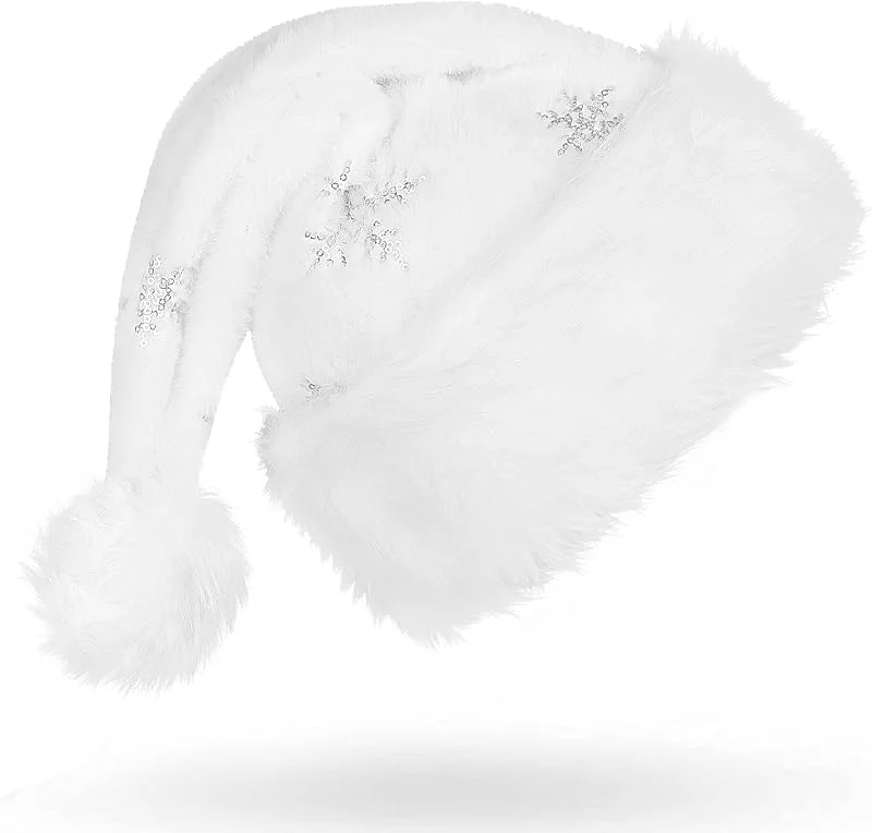 JOFONY Gorro de Papá Noel Blanco con Copos de Nieve Plateados, Cálido y Grueso, Disfraces de Navidad para Decoración — Ropa Navidad