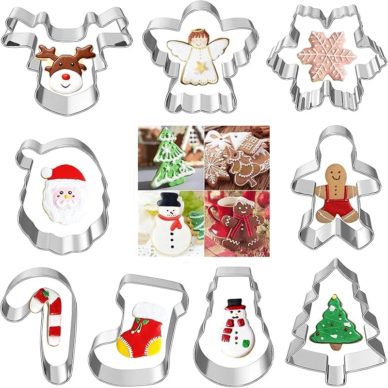 RUIYWEN Juego de 9 Cortadores de Galletas de Navidad en Forma de Santa Claus Copo de Nieve Árbol de Navidad, Moldes de Acero Inoxidable para Galletas Fondant Chocolate — Hogar y cocina