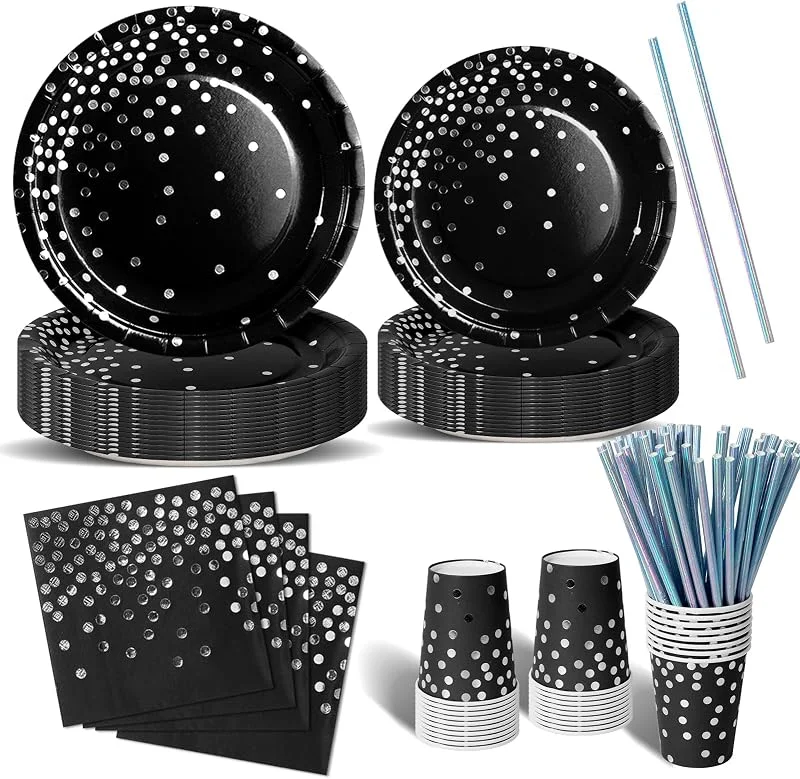 Nkaiso 120 Piezas Negro y plata Vajilla Fiesta Cumpleaños, Platos y Vaso Cumpleaños Infantil, Juego de vajilla Fiestas Platos Desechable Servilletas para Party Decoración Baby Shower -24 Invitado — Adviento y mesa