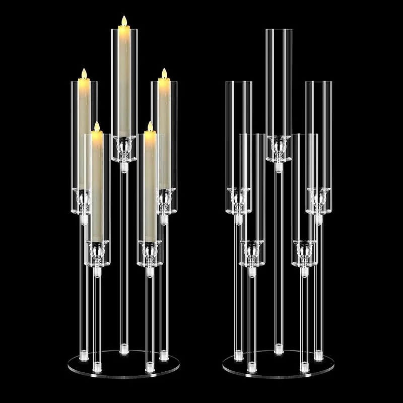 Visita la tienda de MSDADA Juego de 2 Candelabros de Acrílico Altos 68 cm, Portavelas de 5 Brazos Transparentes para Centro de Mesa de Boda, Navidad, Cenas y Decoración de Fiestas, para Velas LED de 2 cm — Cena a la luz de velas
