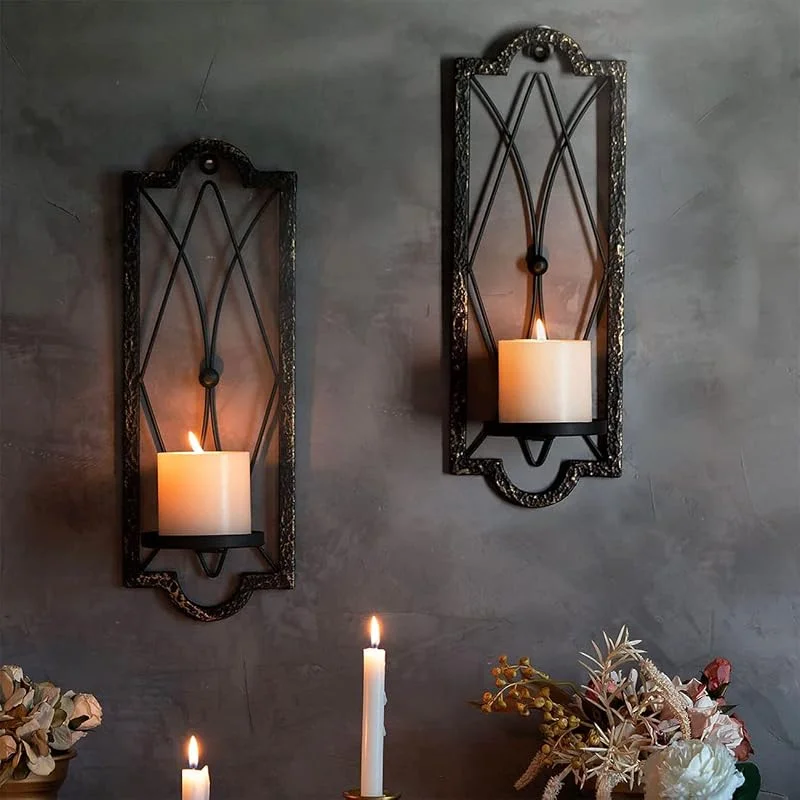 CC wonderland zone 2 portavelas de pared vintage, soporte de metal colgante para decoración de pared (negro y dorado) — Cena a la luz de velas