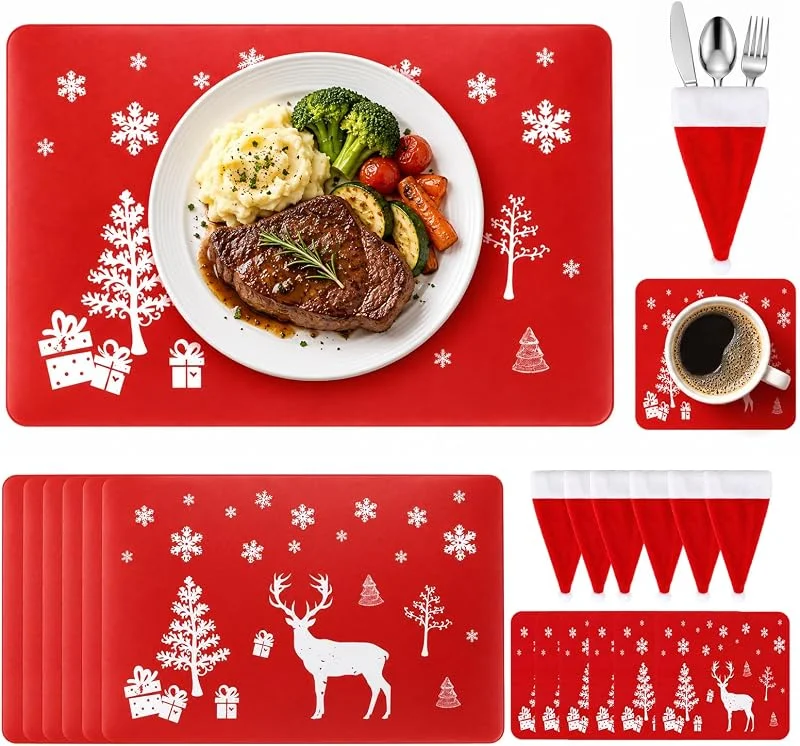 Pwsap 12 Piezas Decoración Navideña Mantel Comedor y Posavasos, Resistentes al Calor de PVC Renos Navidad Lavables para la Decoración de La Mesa de Comedor en casa — Hogar y cocina