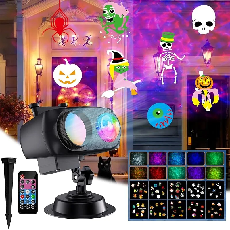 COOLWUFAN Projecteur Lumineux pour Halloween et Noël, Extérieur et Intérieur Etanche, Télécommande, 20 effets HD, Vague Océanique 3D, Motifs pour Décoration de Jardin — Luces Navidad