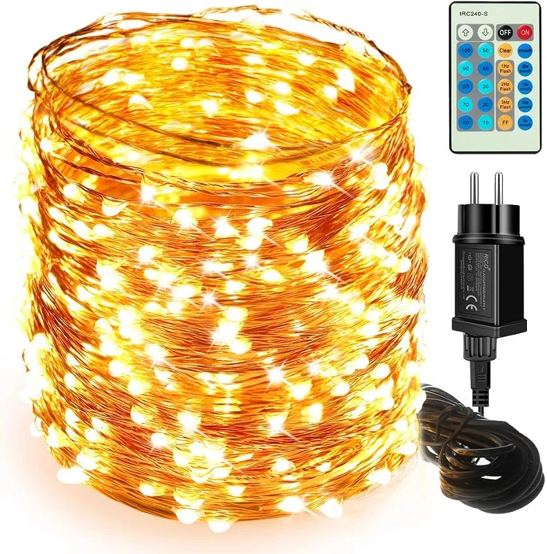 Visita la tienda de Moobibear Moobibear Cadena de luces LED Blanco Cálido, Guirnalda Luces Exterior 50m 500 leds, IP65 Impermeable 12V, Alambre de Cobre para Decoración, para Navidad, Patio, Jardines — Luces Navidad