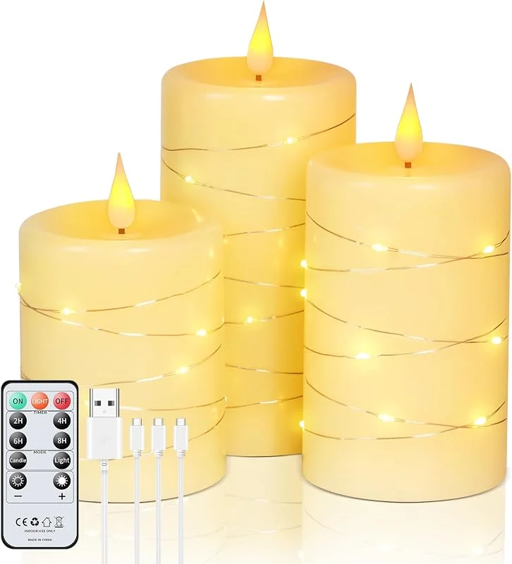 Forever Speed 3 Velas LED Recargable 1000mAH con Cuerdas de Luces Incrustadas, Vela Led Sin Llama con Temporizador de Mando a Distancia para La Decoración Casera del Partido, Acampar — Cena a la luz de velas
