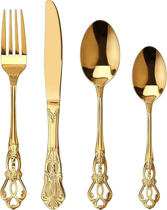 Visita la tienda de SHEUMNT Juego de Cubiertos de Oro Retro para 6, Hermoso Set Dorado de Acero Inoxidable 24 Piezas, Servicio para 6, Tenedor Cuchara Cuchillo, Estilo Barroco Antiguo — Adviento y mesa