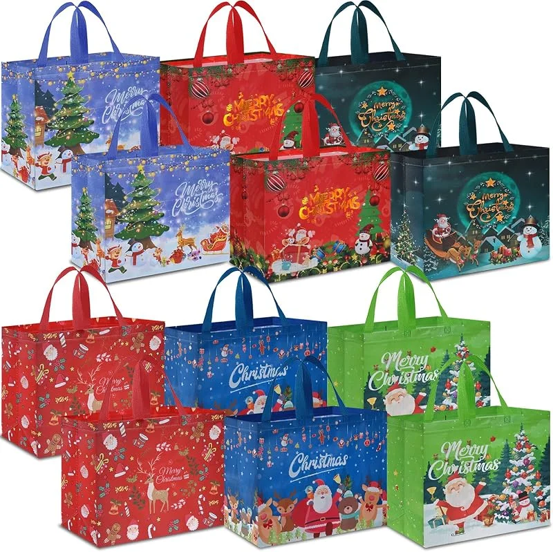 Ahfulife 12 pcs Bolsas de Regalo Navideño, 36×40×15 cm Grande Bolsa Navideña no Tejida Reutilizable, Bolsa Navideña con Mango para el Paquete de Regalo, Bolsa de Compras Navideñas — Envoltorio regalo