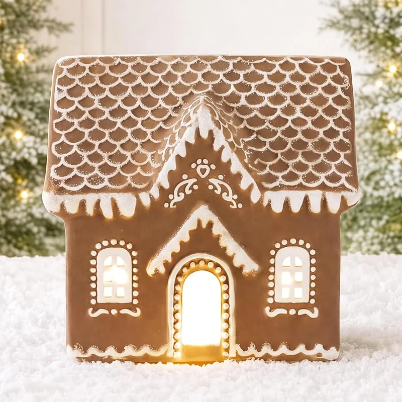 Best Choice Products Casa de jengibre de cerámica de 7 pulgadas, decoración navideña iluminada, casa LED preiluminada, pintada a mano, funciona con pilas, decoración de pan de jengibre, casa de pueblo — Decoracion Navidad