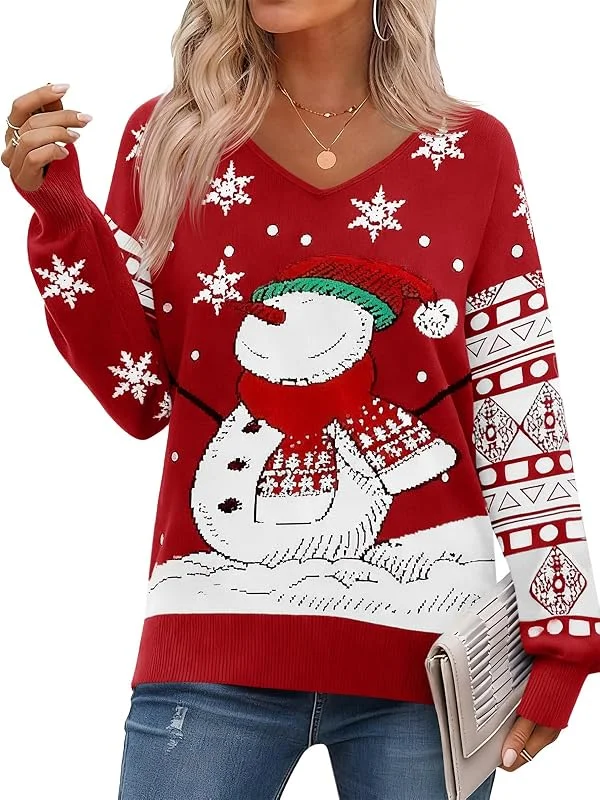Visita la tienda de Saodimallsu Saodimallsu Jersey de Navidad para mujer, manga larga, cuello en V, jersey de punto, muñeco de nieve, suéter de invierno, cálido, suéter de Navidad, informal, tops — Ropa Navidad