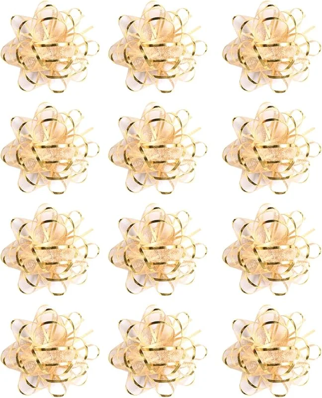 RANYAKE 12unidades Lazos Decorativos Autoadhesivos, Lazo Regalo Dorado, Lazo de Cinta para Envolver Regalos, Pequeños Lazos Decorativos, para Navidad, Cumpleaños, Bodas, Graduaciones, Acción de Gracias — Envoltorio regalo
