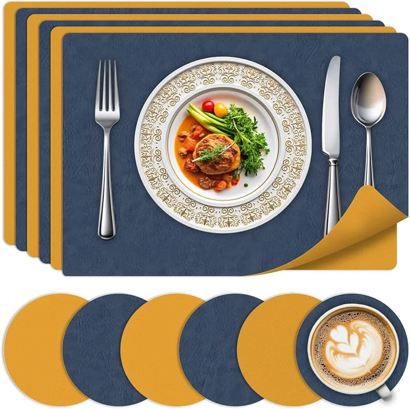 Visita la tienda de BLESWIN Juego de 6 Salvamanteles y Posavasos - Salvamanteles Lavables Resistentes al Calor, Diseño de Cuero de Doble Cara Antideslizante para Cocina, Hogar, Restaurante — Hogar y cocina