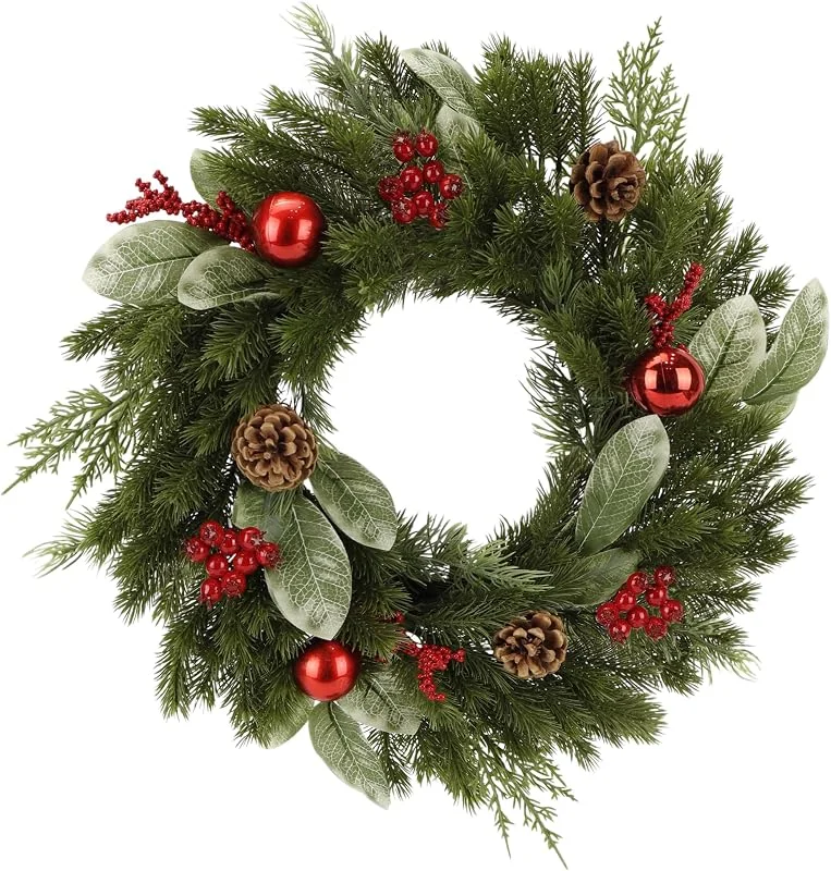 Zavothy Corona de Navidad de 45 cm, Corona de Navidad, Corona Artificial con piñas y Bolas de Navidad, Corona de Adviento, decoración de Navidad, decoración para Puerta de casa, Verde y Rojo — Decoracion Navidad