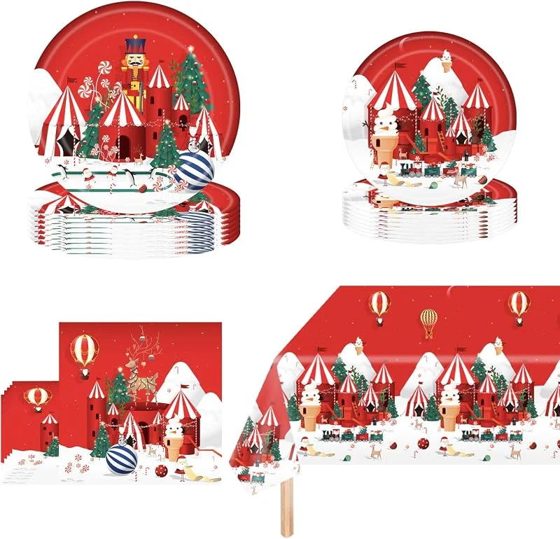 POPOYU Juego de Vajilla de Fiesta de Navidad - 53 Piezas para 16 Invitados - Decoración de Mesa Con Mantel, Servilletas 137 x 274 cm y Platos de Papel — Adviento y mesa