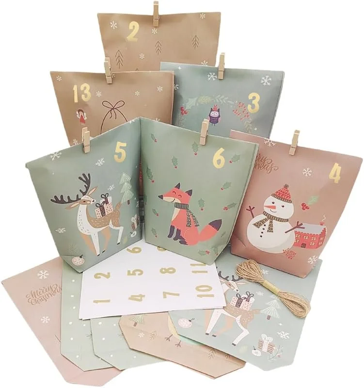 Jifudaciko Calendario de Adviento de 24 Bolsas para Rellenar, 24 Bolsas de Adviento Impresas para Rellenar tú Mismo para Calendario de Navidad 2026, Bolsas de Adviento de Papel con Adhesivos de — Adviento y mesa