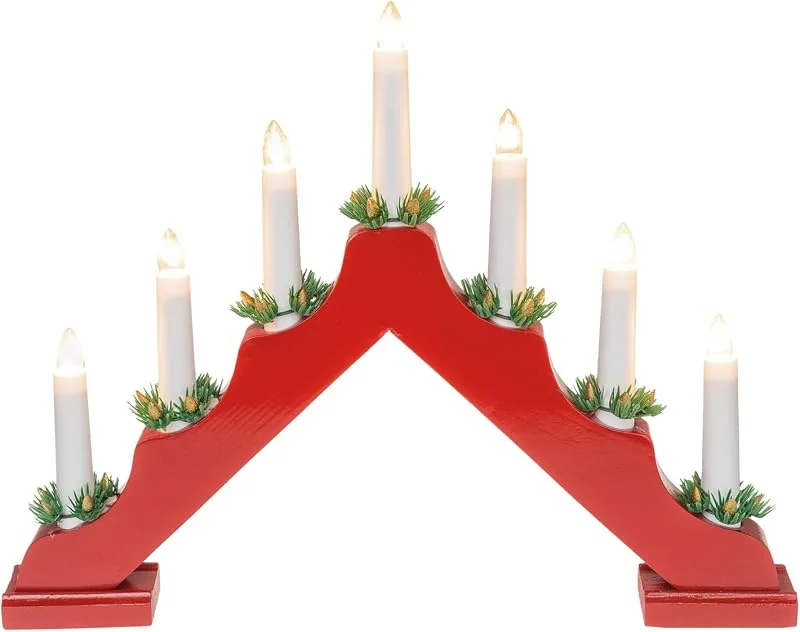 Visita la tienda de Idena Idena 31604 - Portavelas de Adviento LED de madera lacada en rojo con 7 velas LED blanco cálido, arco de vela con bombilla de repuesto e interruptor, decoración navideña de interior — Luces Navidad