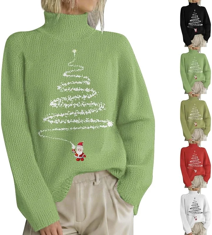 Generic HUIFUAO - Suéter de Navidad de cuello alto para mujer, divertido árbol de Navidad, estampado de Papá Noel, suéter de Navidad de talla grande, trajes de Navidad suaves, cuello alto, ropa de punto — Ropa Navidad