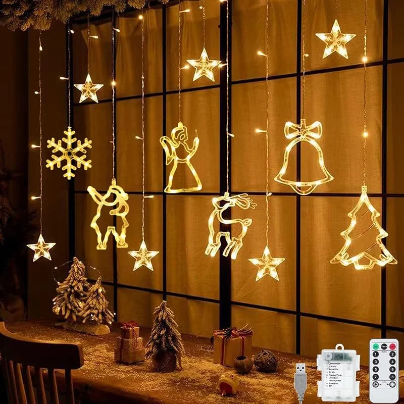 YeahBoom Luminosas Cortina Luces, 138 Leds Telones de Hogar, 3.5M Cortinas de Luz Impermeable, 8 Modos, IP44, USB Fairy Estrellas Light String con Mando a Distancia, para Balcón, Ventana, Fiesta, Decoración Navideña — Decoracion Navidad