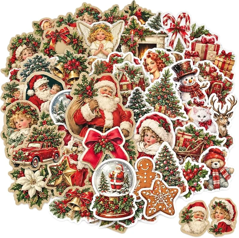 FOKZIL 100 Pegatinas Navideñas Vintage con Diseño Retro, Stickers de Vinilo PVC Impermeables para Portátiles y Regalos, Adecuados para Scrapbooking, Tarjetas y Proyectos DIY — Envoltorio regalo