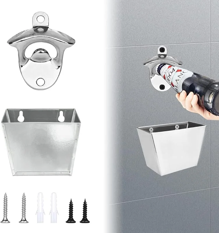 THATSRAD Juego de Abrebotellas Pared, Abridor Cerveza con Cestilla, Tornillos de Montaje y Tacos de Pared, Abridor de Botellas Vino Abrelatas Colgante Abre Botellas Hogar, Bar, Cocina y Regalo Hombres — Vino y mesa festiva