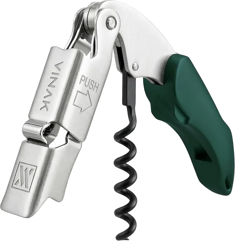 Visita la tienda de VINAK VINAK - Sacacorchos Camarero Profesional XPERT, Verde, Acero Inoxidable, Doble Apoyo Articulado, Abrebotellas y Navaja Cortacápsulas, Espiral Teflonada — Vino y mesa festiva