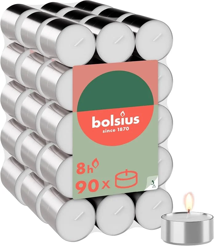Visita la tienda de Bolsius Bolsius - Paquete grande de velas de té - 90 unidades - 8 horas de combustión - blanco - duración de combustión - Velas decorativas para el hogar - Sin aceite de palma - Quema limpia — Cena a la luz de velas