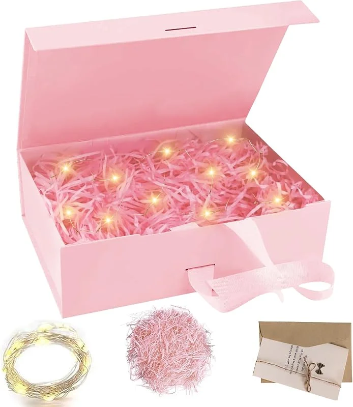 Booaee Caja de Regalo con Lazo, 21x17x7cm Regalo de Reutilizable Creative Box, Caja de Regalo Magnética Cajas Regalo con Tapa, Cajas de Carton de Regalo Lujo, para Bodas Cumpleaños Envoltura de Presenta-Rosa — Envoltorio regalo