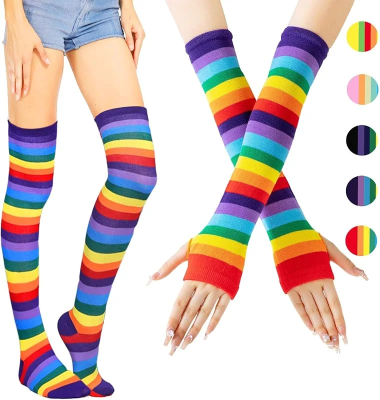 AUNGCSHE Calcetines Hasta La Rodilla Hasta El Muslo Conjunto De Guantes Sin Dedos, Arcoiris A Rayas Calcetines Altos Mujer, Guantes Largos Mujer Juego De Guantes, Muchacha Calcetines A Rayas — Decoracion Navidad