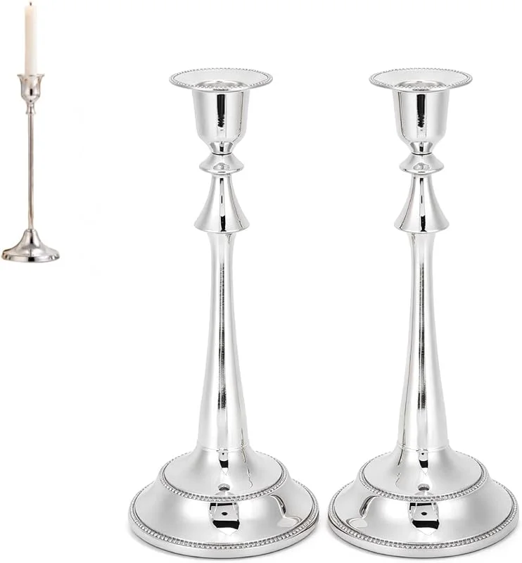 Beufee Candelabros de 2 Piezas, candelabro cónico de Estilo Europeo para candelabros, candelabro Vintage, candelabro, candelabro para Chimenea, Fiesta, Comedor, hogar, Boda D (Plata) — Cena a la luz de velas