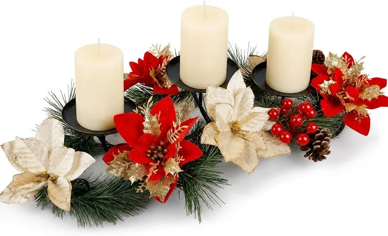 Bemonew Centros de Mesa navideños Candelero Floral 3 Decoración de repisa LED cálida — Cena a la luz de velas