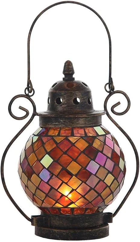 Lily's Home Faroles Decorativos para Velas, Cristal de Mosaico y Hierro Forjado, portavelas para Interiores o Exteriores, Vela no incluida, Naranja y Dorado — Cena a la luz de velas