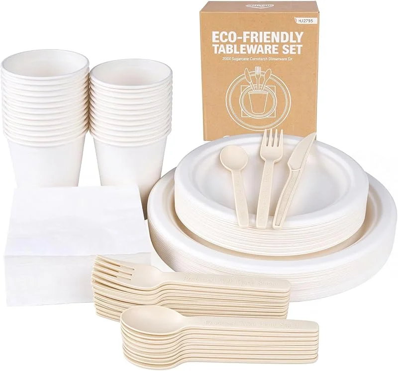 Anstore Juego de platos y cubiertos de 200 piezas, vajilla de fiesta compostable ecológica, platos de papel y cubertería, respetuoso con el medio ambiente, juego para fiestas y picnics: platos — Adviento y mesa